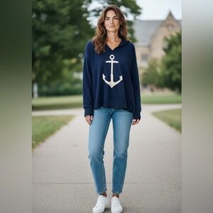 Marled brand Nautical Hooded Sweater.
Navy Blue. Size: Large